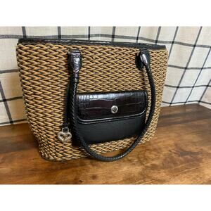 Vintage Brighton Leather & Woven Fabric Handbag Purse Shoulder Bag Brown & Tan